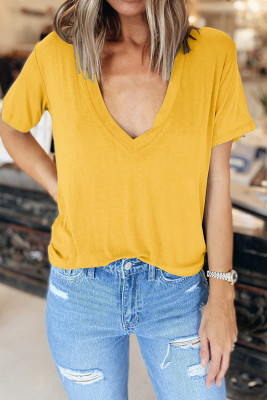 Yellow Simple V-neck Short Sleeve Top