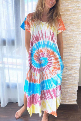Tie-dye Print Loose V-neck Short Sleeve Dress