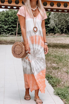 Tie-dye Print Loose V-neck Short Sleeve Dress