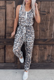Leopard Drawstring Buttons Sleeveless Jumpsuit