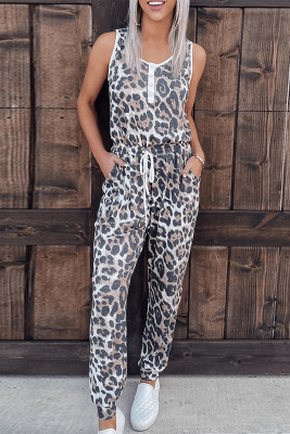Leopard Drawstring Buttons Sleeveless Jumpsuit