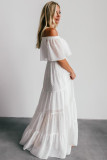 White Off Shoulder Ruffle Swiss Dot Maxi Dress