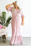 Pink Striped Crewneck Ruffle Short Sleeve Plus Size Maxi Dress