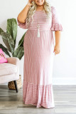 Pink Striped Crewneck Ruffle Short Sleeve Plus Size Maxi Dress