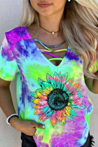 Sunflower Tie-dye Hollow-out V-neck  Short Sleeve Top