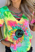 Sunflower Tie-dye Hollow-out V-neck  Short Sleeve Top
