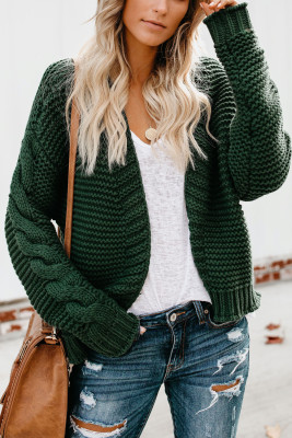 Green Open Front Chunky Knit Cardigan