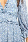 Sky Blue Ruffle Detailing Open Back Floral Dress