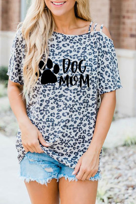 Dog Paw and MOM Leopard Print Graphic Tees for Women UNISHE Wholesale Short Sleeve T shirts Top
