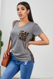Gray Leopard Printed Splicing T-Shirt
