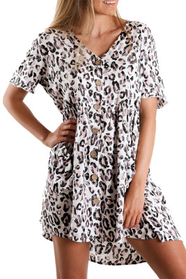 Leopard Print Button Front Ruffle V-neck Dress