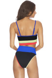 Blue Spaghetti Straps Colorblock Ribbed High Waist Bikini