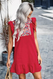 Red Boho Print Pompom Sleeve Shift Dress