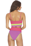 Rose Spaghetti Straps Colorblock Ribbed High Waist Bikini