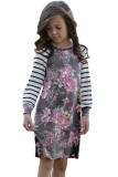 Gray Spring Fling Floral Striped Sleeve Short Dress for Kids
