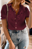 Wine Buttoned Short Sleeves Shirt with Ruffles