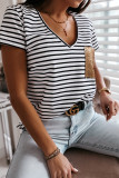 Stripe Pocket Sequins V-neck Short Sleeve Top