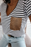 Stripe Pocket Sequins V-neck Short Sleeve Top