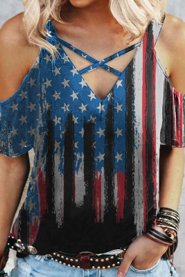 American Flag Print Cold Shoulder Criss-cross V-neck Tee