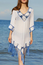 White Floral Crochet V Neck Tasseled Hem Beach Dress