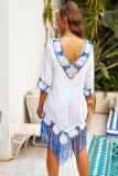 White Floral Crochet V Neck Tasseled Hem Beach Dress