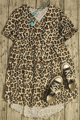 Leopard Print Button Front Ruffle V-neck Dress