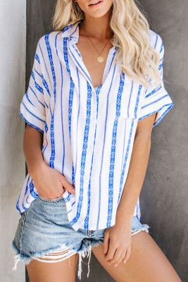 V Neck Stripes Roll up Sleeve Button Down Shirt