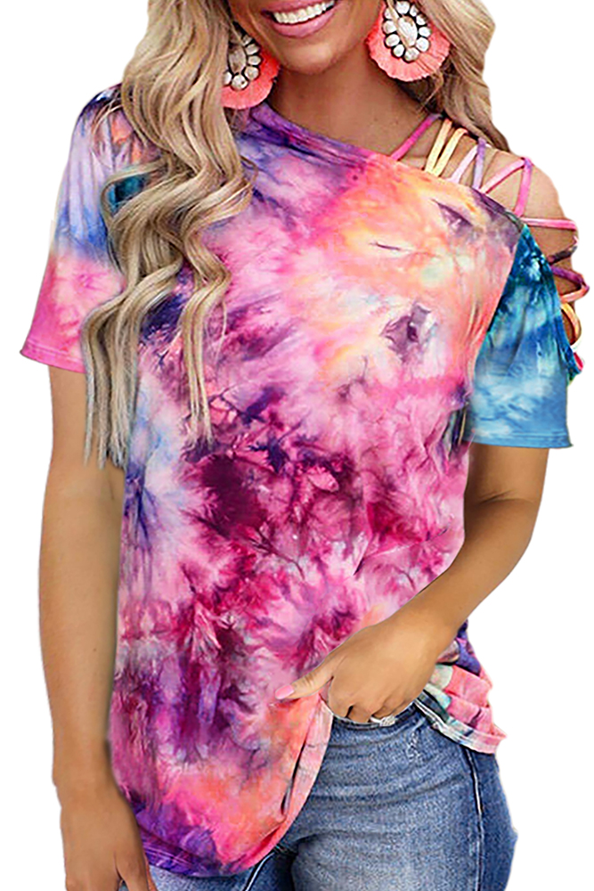 US$ 12.80 - Tie dye One Shoulder Hollow-out Short Sleeve Top - m