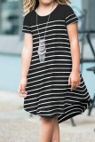 Black Colorblock Patchwork Striped Girls’ Dress