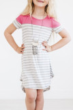 Rose Colorblock Patchwork Striped Girls’ Dress