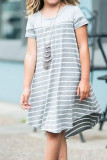 Gray Colorblock Patchwork Striped Girls’ Dress