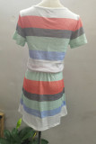 Stripe Drawstring V-neck Short Sleeve Dress with Pockets
