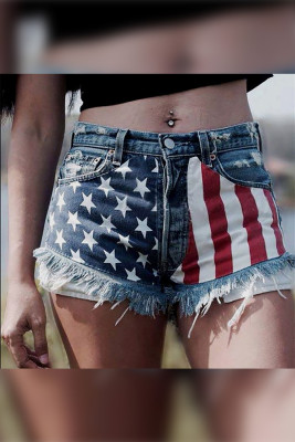 American Flag Stars Printed Tassel Denim Shorts