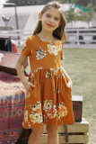 Orange Short Sleeve Pocketed Children's Floral Dress