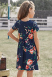 Blue Short Sleeve Pocketed Children's Floral Dress