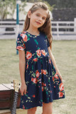 Blue Short Sleeve Pocketed Children's Floral Dress
