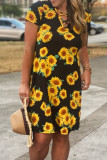 Sunflower Print Criss-cross V-neck Midi Dress