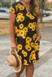 Sunflower Print Criss-cross V-neck Midi Dress