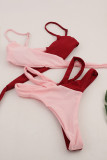 Red&Pink Color Block Patchwork Bandage Bikini