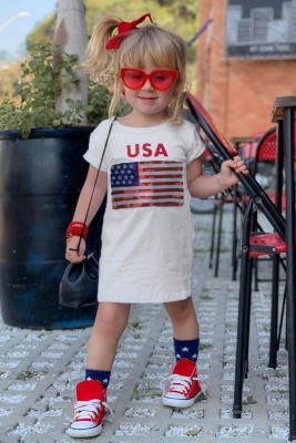 USA Sequin Flag Print Little Girls T-shirt Dress