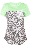 Leopard Stripe Print Splicing Lace Pocket Top