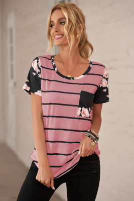 Pink Striped T-shirt with Patch Pocket