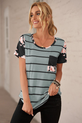 Gray Striped T-shirt with Patch Pocket