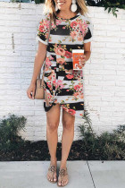 Black Short-Sleeved Floral Colorblock Prints T-shirt Mini Dress