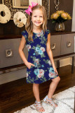 Blue Little Girls' Ruffle Sleeve Floral Dress with Pockets