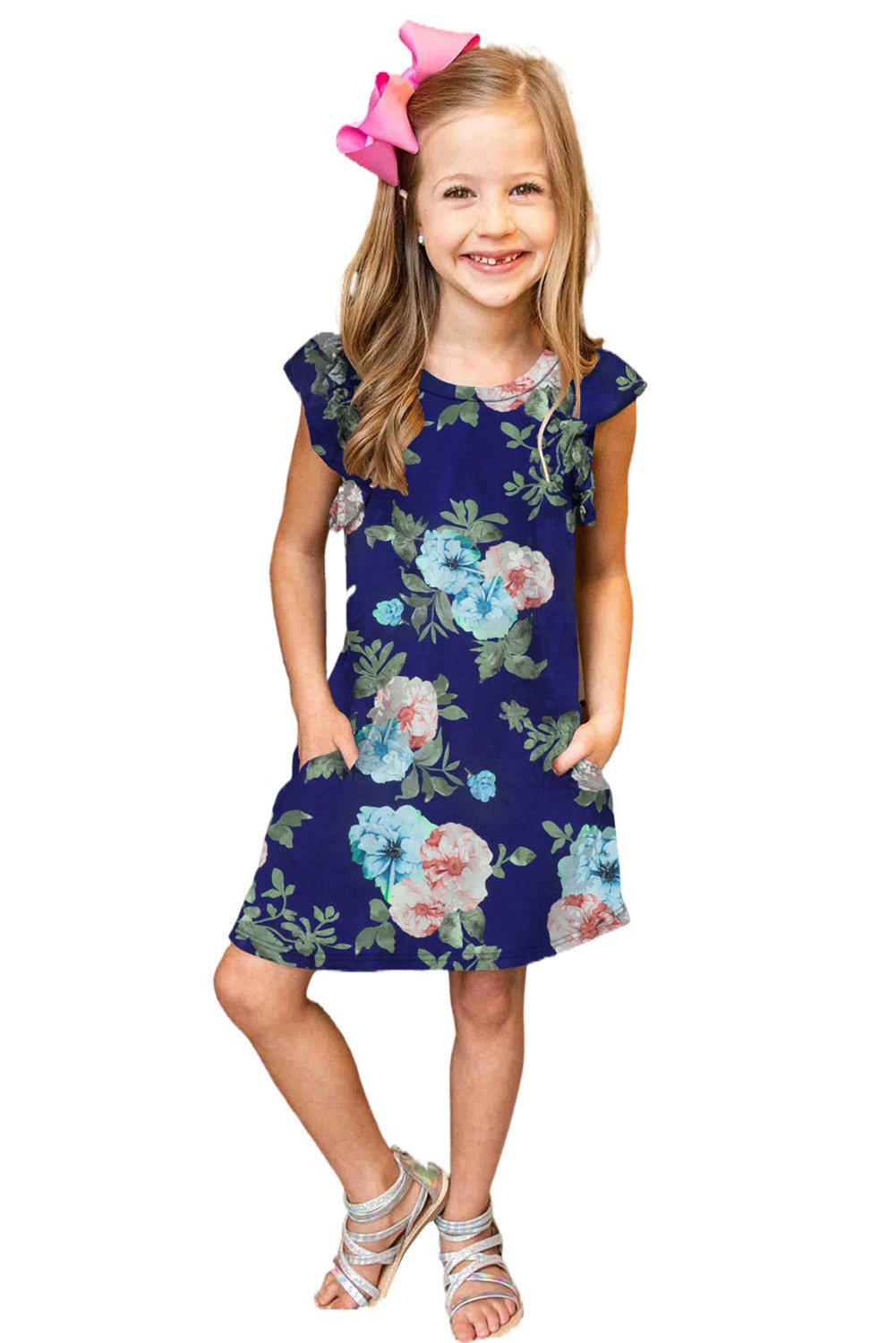 US$ 10.78 - Blue Little Girls' Ruffle Sleeve Floral Dress with Pockets ...
