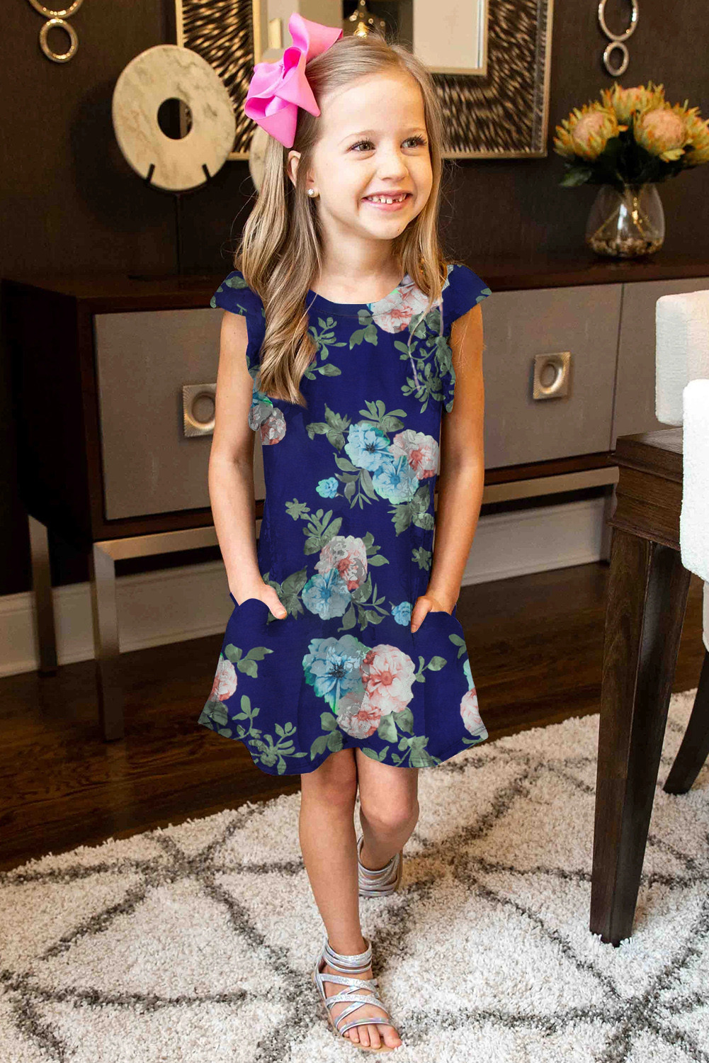 US 10.78 Blue Little Girls' Ruffle Sleeve Floral Dress with Pockets
