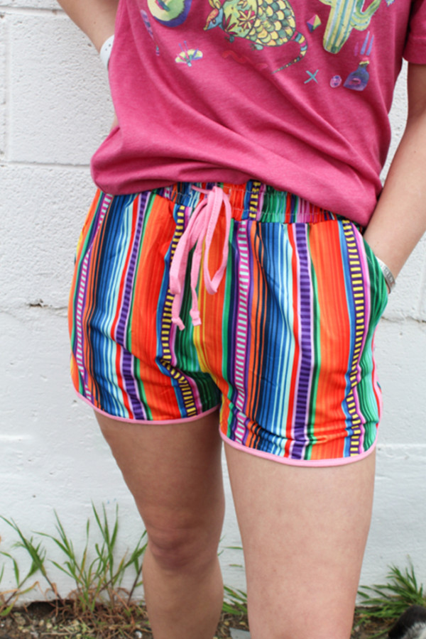 Multicolor Stripe Cow Print Drawstring Shorts