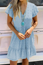 Sky Blue Polka Dot V Neck Ruffled Short Sleeves Mini Dress