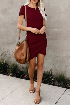 Wine Red O-Neck Short Sleeve Dress